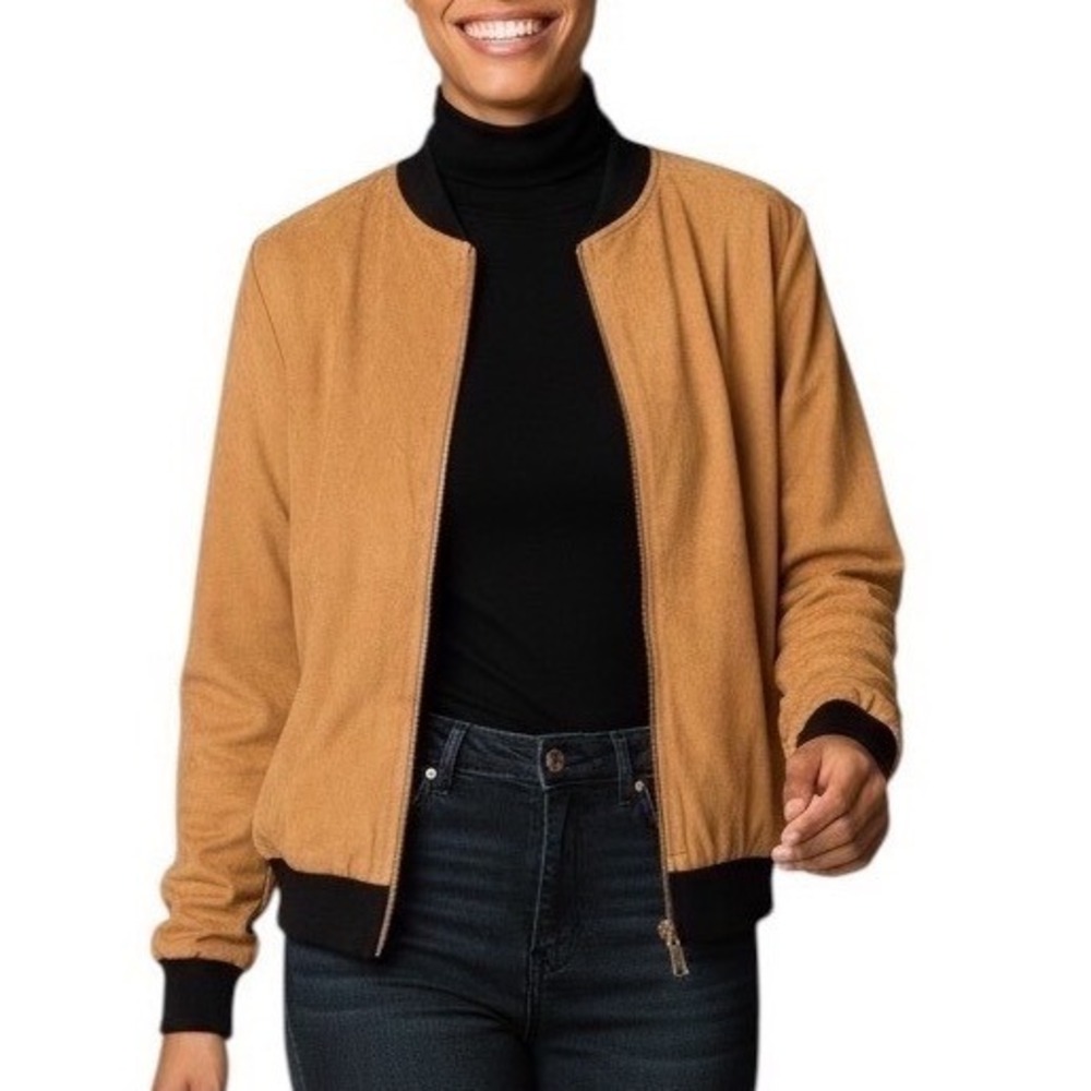 It Girl‎ Womens Tan Faux Suede Microfiber Bomber Jacket Black Trim Size Large